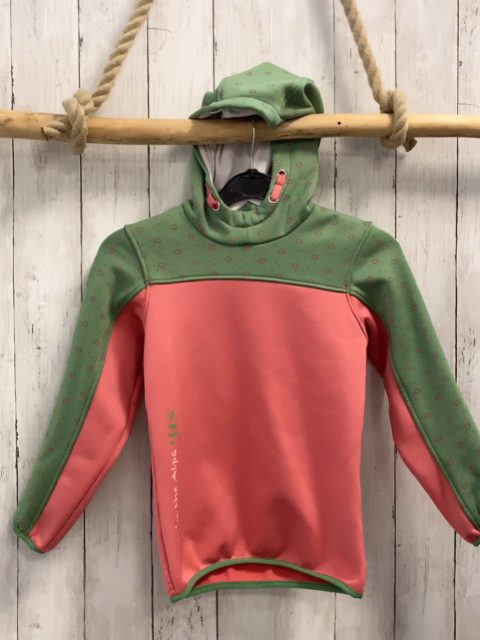 Sofi Pullover  Gr. 128  himbeere lindgrün Kapuze himbere Bumen weiße Schrift 