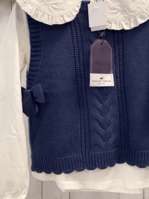 2tlg neu Sergent Major  Langarmshirt + Pullunder  Gr. 116  weiß großer Kragen mit Rüschensaum + blau Strick mit Zöpfen 