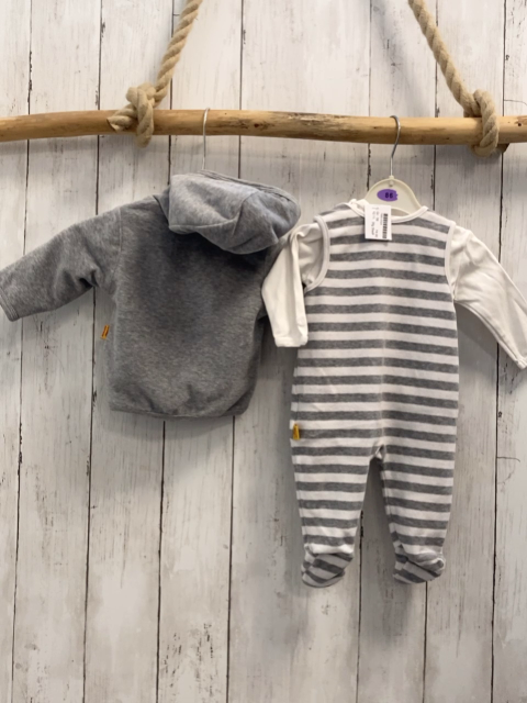 3tlg Steiff  Jacke Strampler + Langarmshirt  Gr. 56  grau + grau weiße Streifen Nicky + weiß 