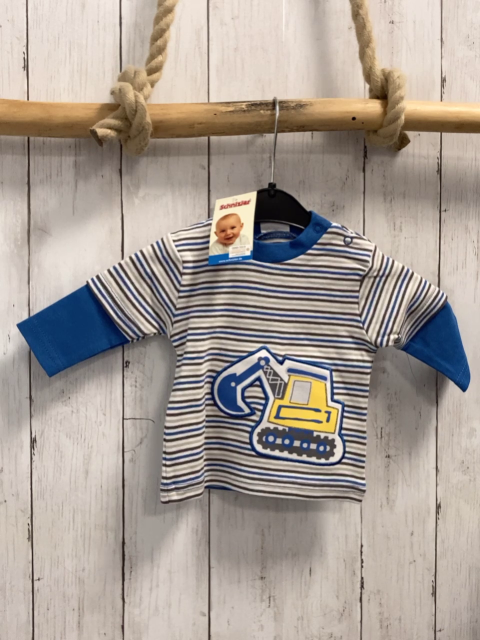 neu Langarmshirt Gr. 56  weiß blau grau gestreift Bagger blaue Ärmel