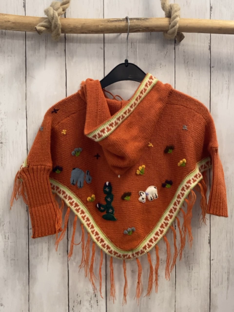  Poncho Gr. 86  orange Fransen Tiere Strick