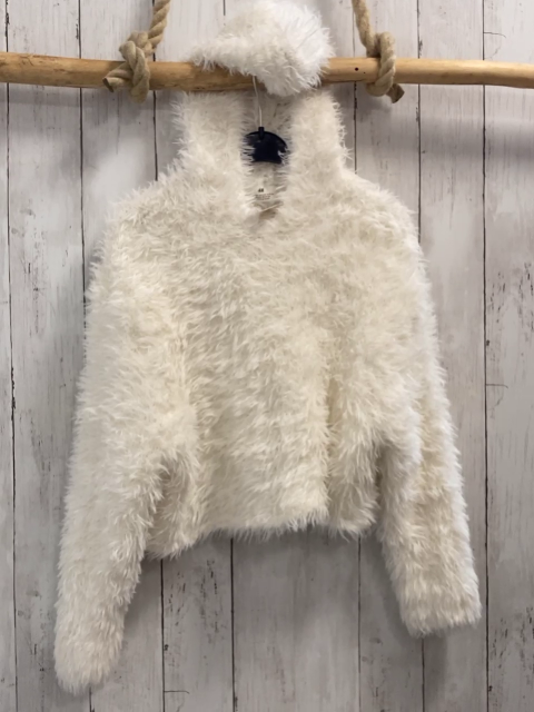 H&M  Pullover  Gr. 146  weiß Strick Kapuze flusig 