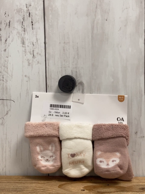 neu 3er Pack  Socken Gr. -1Mon  rosa weiß altrosa Tierköpfe 