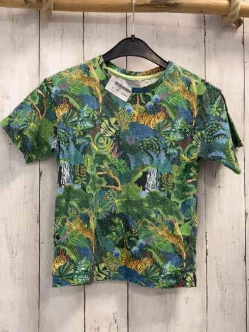   T-Shirt Gr. 116  grün hellgrün blau bunte Blätter Raubkatzen 