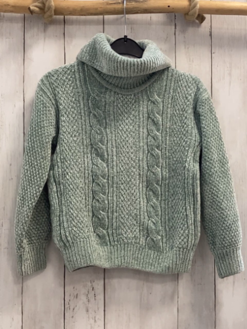   Pullover  Gr. 134  mint hellgrau meliert Strick Zöpfe Rolli 