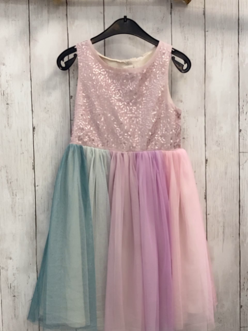 H&M  Kleid  Gr. 122  lavendel Oberteil mit Pailetten bunter Tüllrock mit Streifen 