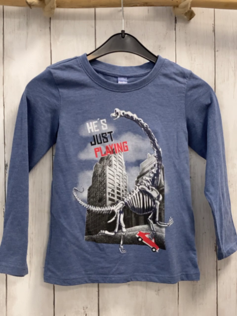 Dopodopo Langarmshirt  Gr. 116  hellblau Dinoskelett vor Häusern