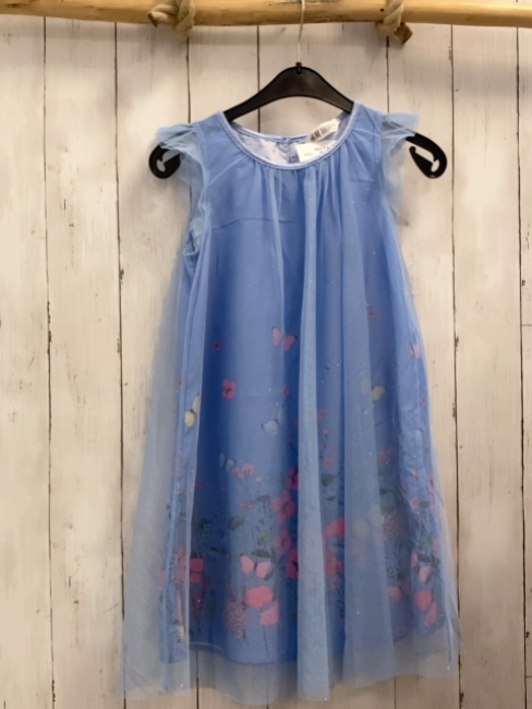 H&M  Kleid  Gr. 134  hellblau Schmetterlinge Tüllüberkleid mit Glitzerpunkten 