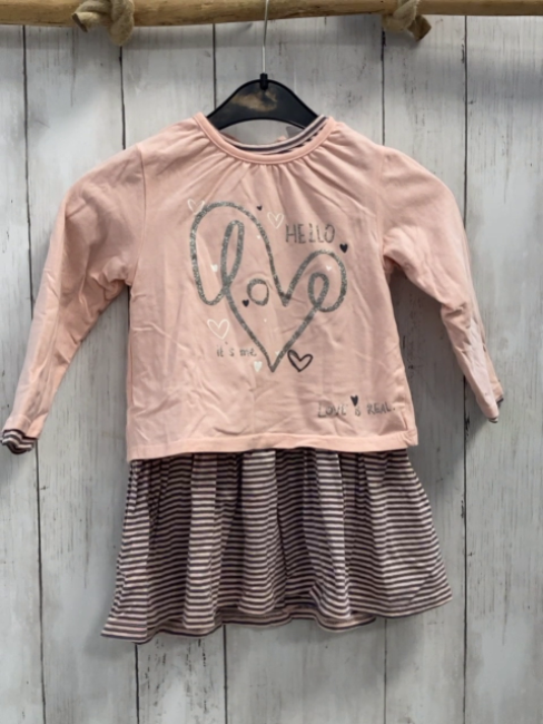   Kleid  Gr. 92  rosa Oberteil mit silber Glitzerschrift + -herz grau rosa gestreifter Rock