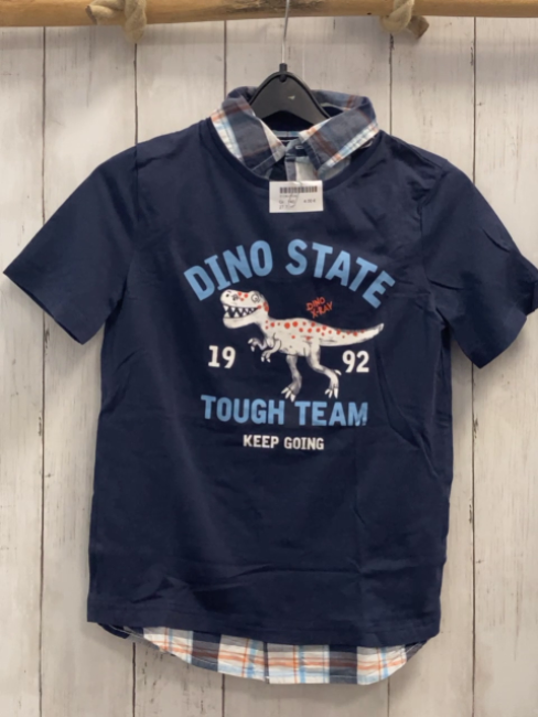   T-Shirt  Gr. 140  blau Dino Schrift + blau hellblau weiß orange karierter Hemdeinsatz + -saum  
