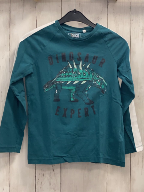   Langarmshirt  Gr. 134/140  petrol Dino weißer Streifen auf den Ärmeln Schrift 
