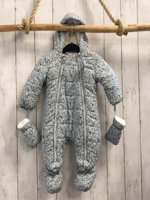 3tlg Staccato  Winteroverall mit Handschuhen + Schühchen  Gr. 68  weiß petrol hellblaue Blumen weißes Teddyfutter 