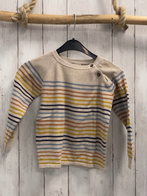   Pullover  Gr. 104  beige Rippen + hellblau rot mais blaue Streifen 