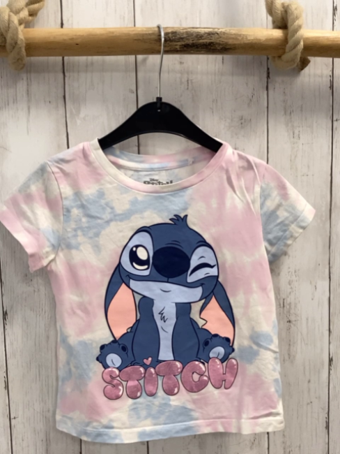   T-Shirt  Gr. 104  weiß rosa hellblau gemustert Stitch glänzende Schrift 