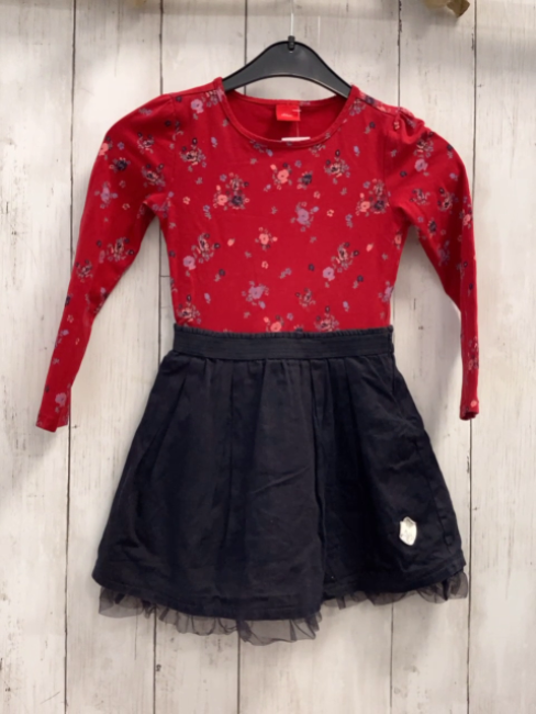 S´Oliver  Kleid  Gr. 104  rotes Oberteil mit Blumen schwarzer Rock mit Spitzensaum 