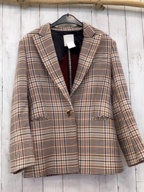 Sandro Paris  Blazer  Gr. 36  beige ocker lavendel hellblau schwarz kariert 