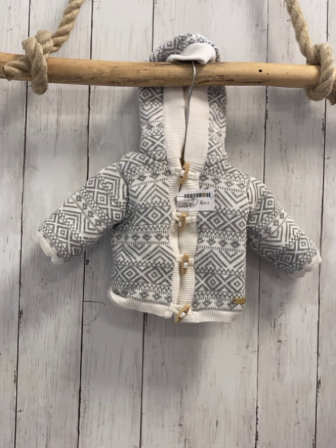   Strickjacke  Gr. 56  weiß graue Rauten Kapuze Teddyfutter Knebelknöpf 
