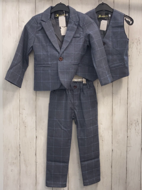 3tlg Sakko + Weste + Hose Gr. 116  blau hellblau kariert