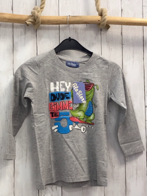 neu Glo Story  Langarmshirt  Gr. 116  grau Dinos auf Skateboard Schrift 
