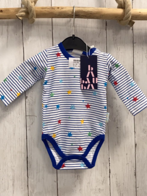 neu Babauba  Body  Gr. 62  weiß blaue Streifen Sterne lang NP 15 € 