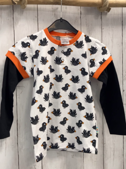 neu Babauba  Langarmshirt  Gr. 110  weiß Raben schwarze Ärmel orange Bund 