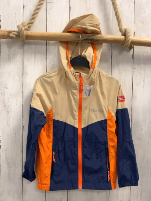 Trollkids  dünne Übergangsjacke Gr. 110  blau beige orange Kapuze orange Reißverschluss 