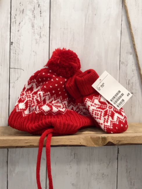 neu H&M Mütze + Handschuhe Gr. 86/92  rot weißes Muster Strick
