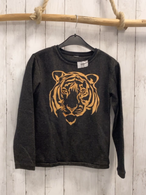   Pullover  Gr. 140  grau mit golden Glitzer goldener Tigerkopf mit Steienen 