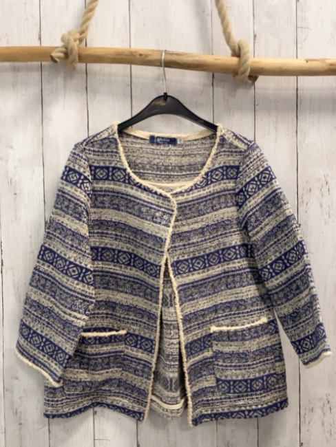 Giulia  Jacke Gr. S/M blau beige Muster Glitzerfäden