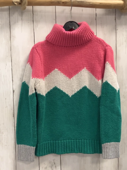 Boden  Pullover  Gr. 122  rosa weiß grün Zackenstreifen Strick Rollkragen 