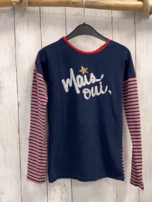 No No  Langarmshirt  Gr. 134/140  blau Pailettenschrift + -Stern rot blau weiß gestreifte Ämel 