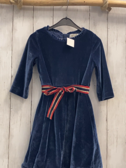 Mini Boden  Kleid  Gr. 116  blau Samt mit weinrot blau golden gestreiftem Gürtel 