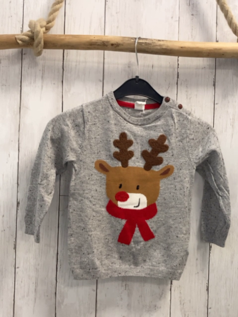 H&M  Pullover  Gr. 92  hellgrau Elch mit rotem Schal Strick