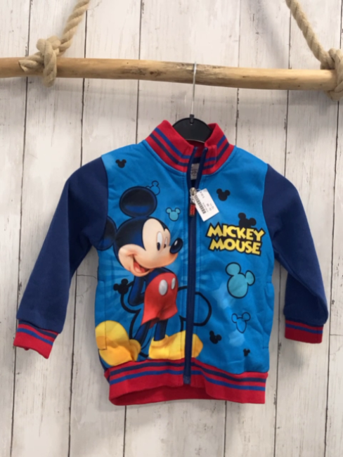   Sweatjacke  Gr. 98  hellblau blaue Ärmel Micky Mouse Schrift roter Bund mit blauen Streifen 