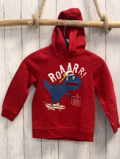   Pullover  Gr. 116  rot Dino mit Schrift Kapuze 
