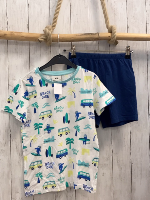 2tlg  T-Shirt + Shorts  Gr. 134  weiß + blau  Camper Palmen Schrift 
