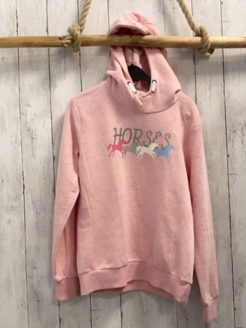  Pullover Gr. 158  rosa meliert Kapuze Pferde 
