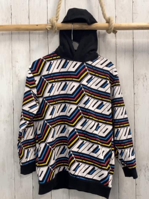 Liujo Pullover Gr. 158  schwarz weiße Schrift blau gelb rot Striche