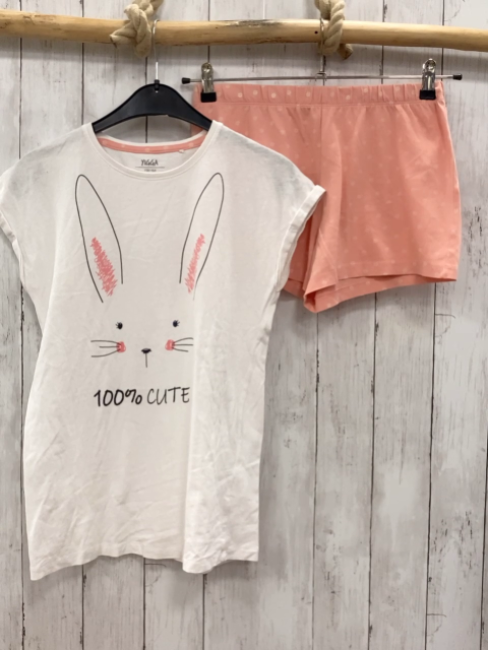 2tlg T-Shirt + Shorts Gr. 158  weiß Hasenkopf + rosa Blumen