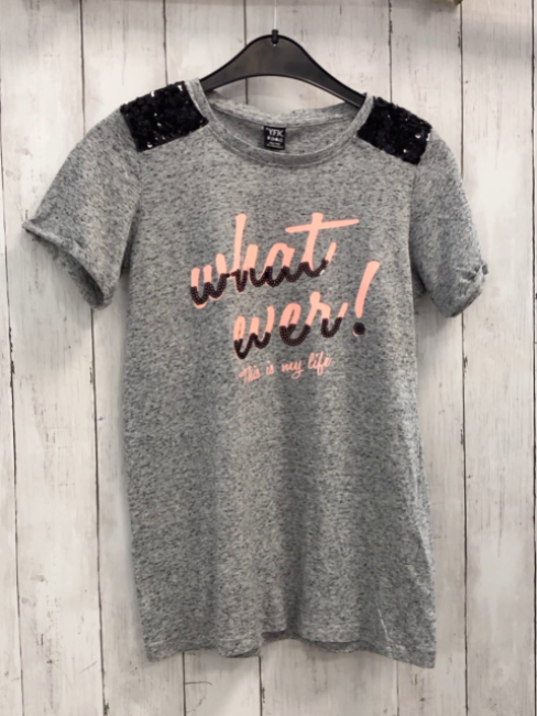YFK T-Shirt  Gr. 158/164  grau schwarze Pailetten auf der Schulter lachs Schrift mit schwarzen Pailetten