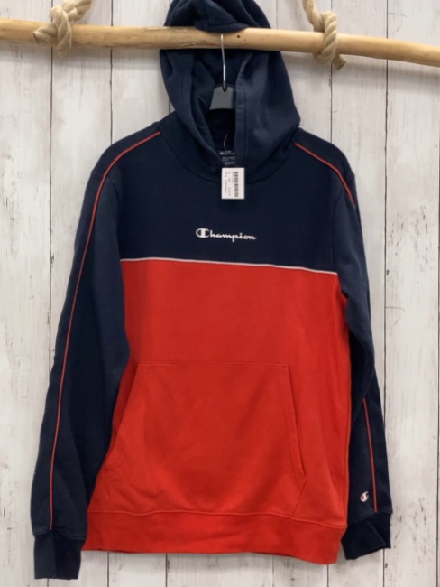 Champion  Pullover  Gr. 158  blau rot Kapuze Schrift 