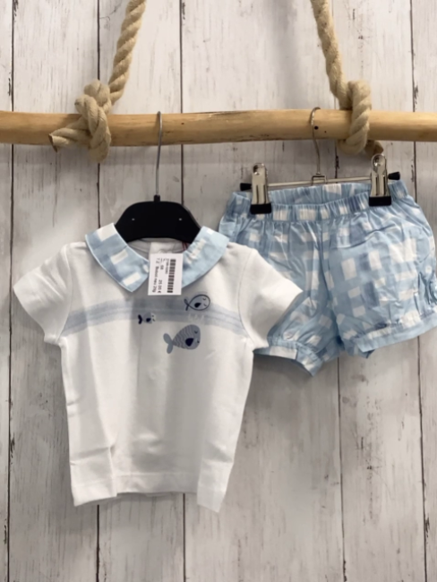 Boboli neu 2tlg T-Shirt + Shorts  Gr. 80  weiß Fische blau weiß karierter Kragen + blau weiß kariert