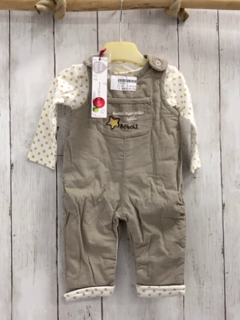 Boboli neu 2tlg Langarmshirt + Latzhose Gr. 62  weiß gelbe Sterne + beige Kord gefüttert