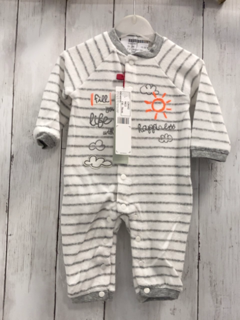 Boboli neu Strampler Gr. 62  weiß graue Streifen Schrift Frottee