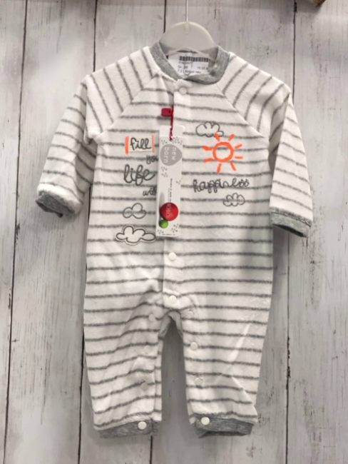 Boboli neu Strampler Gr. 62  weiß graue Streifen Schrift Frottee