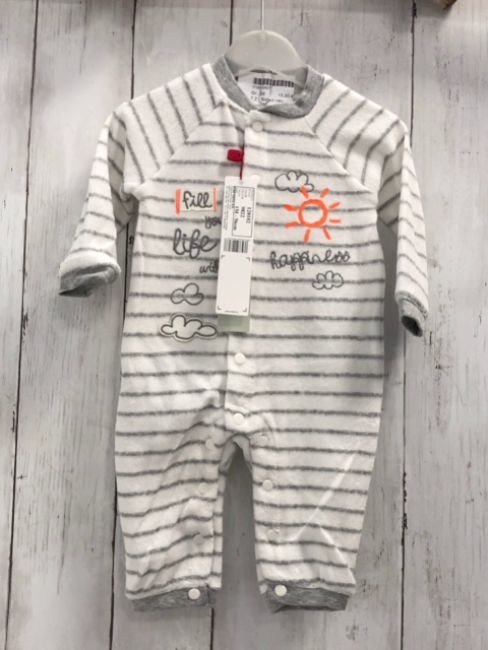 Boboli neu Strampler Gr. 74  weiß graue Streifen Schrift Frottee