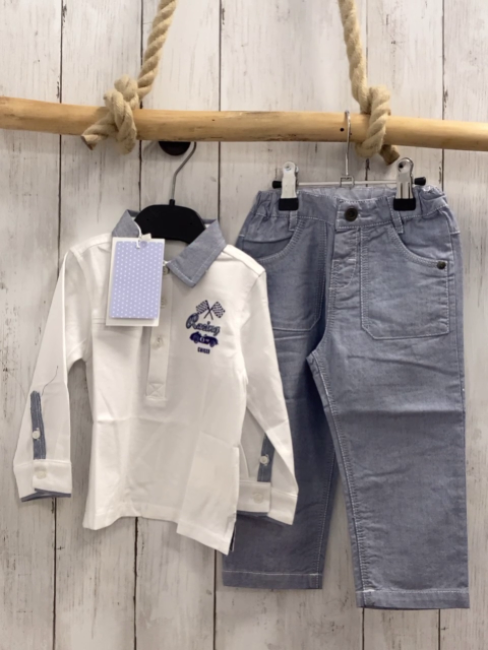 Chicco neu 2tlg Langarmshirt + Hose Gr. 56  weiß blauer Kragen + blau meliert Bund verstellbar