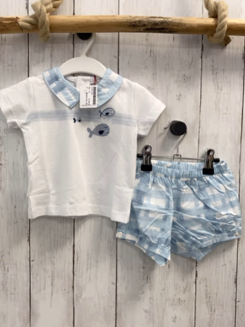 Boboli neu 2tlg  T-Shirt + Shorts Gr. 68  weiß Fische blau weiß karierter Kragen + Shorts 