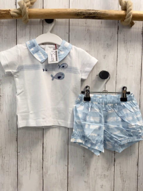 Boboli neu 2tlg  T-Shirt + Shorts Gr. 80  weiß Fische blau weiß karierter Kragen + Shorts 