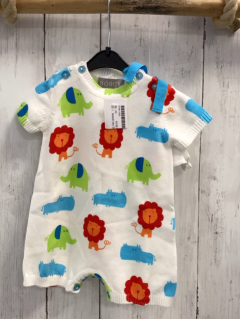 Boboli neu 2tlg  Playsuit + Beutel Gr. 62  weiß bunte Tiere Strick